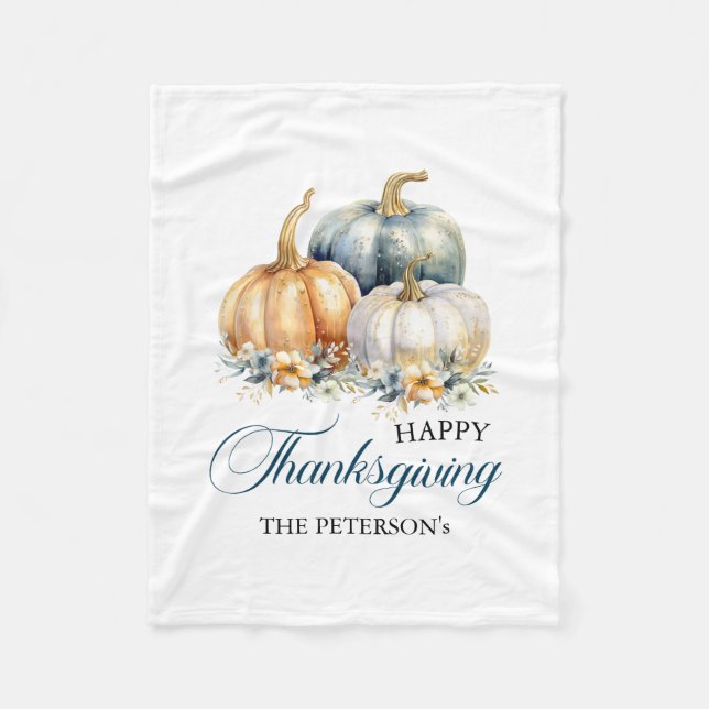 Happy Thanksgiving Gold Orange Blue Pumpkins Fleece Blanket (Front)