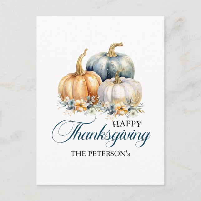 Happy Thanksgiving Gold Orange Blue Pumpkins Postcard (Front)