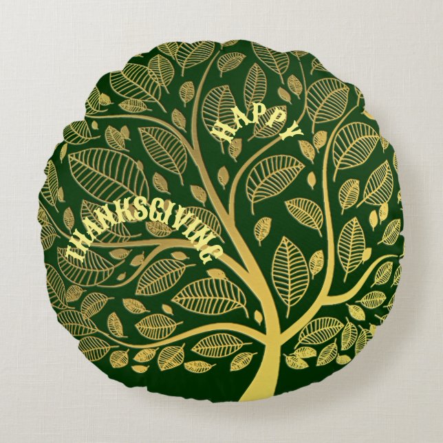 Happy Thanksgiving Gold Tree Of Life Greenery Cute Round Pillow (Front)