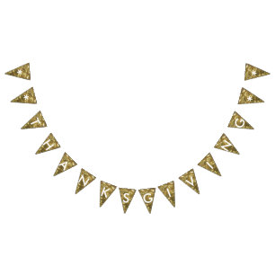 Happy Thanksgiving Gold White Shiny Glitter Party Bunting Flags