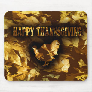 HAPPY THANKSGIVING - Golden Leaves & Turkey Mouse Pad
