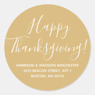 Happy Thanksgiving golden script return address Classic Round Sticker