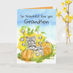Happy Thanksgiving Grandson Raccoon Woodland Card