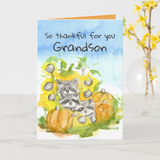 Happy Thanksgiving Grandson Raccoon Woodland Card
