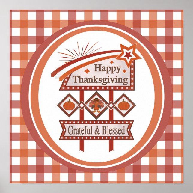 Happy Thanksgiving Grateful & Blessed Retro Sign (Front)