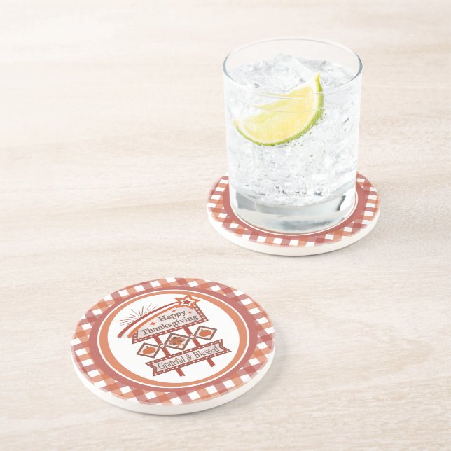 Happy Thanksgiving Grateful & Blessed Retro Sign Coaster (Side)