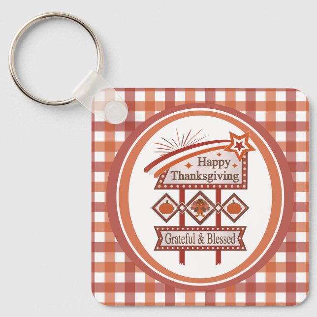 Happy Thanksgiving Grateful & Blessed Retro Sign Keychain (Front)