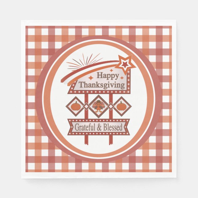 Happy Thanksgiving Grateful & Blessed Retro Sign Napkin (Front)