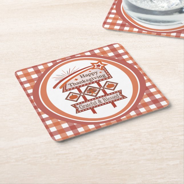 Happy Thanksgiving Grateful & Blessed Retro Sign Square Paper Coaster (Angled)