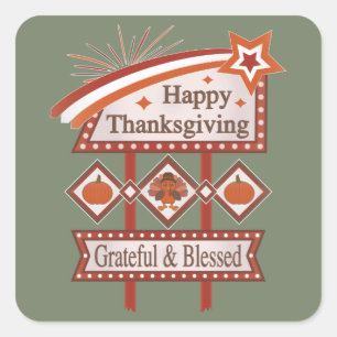 Happy Thanksgiving Grateful & Blessed Retro Sign Square Sticker
