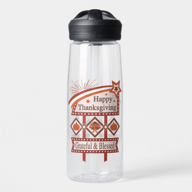 Happy Thanksgiving Grateful & Blessed Retro Sign Water Bottle (Front)