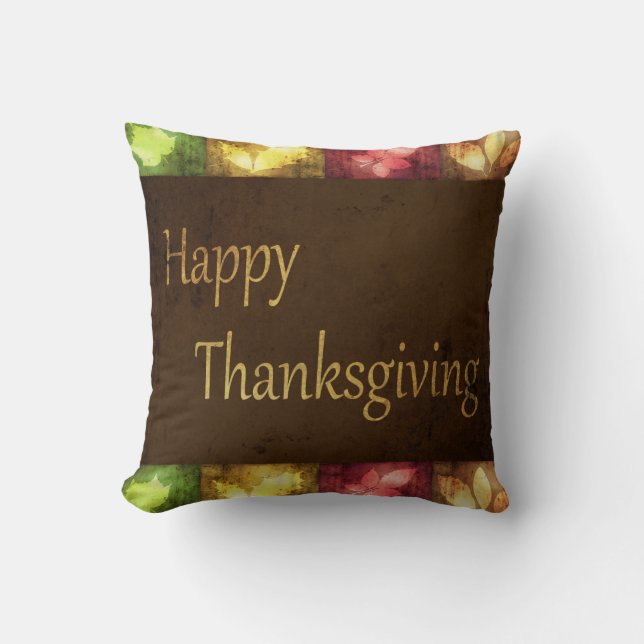 Happy Thanksgiving Grunge Leaves Throw Pillow (Front)