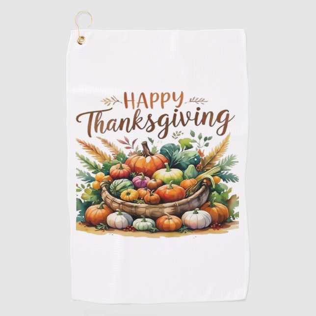 Happy Thanksgiving – Harvest Basket with Pumpkins  Golf Towel (Front)