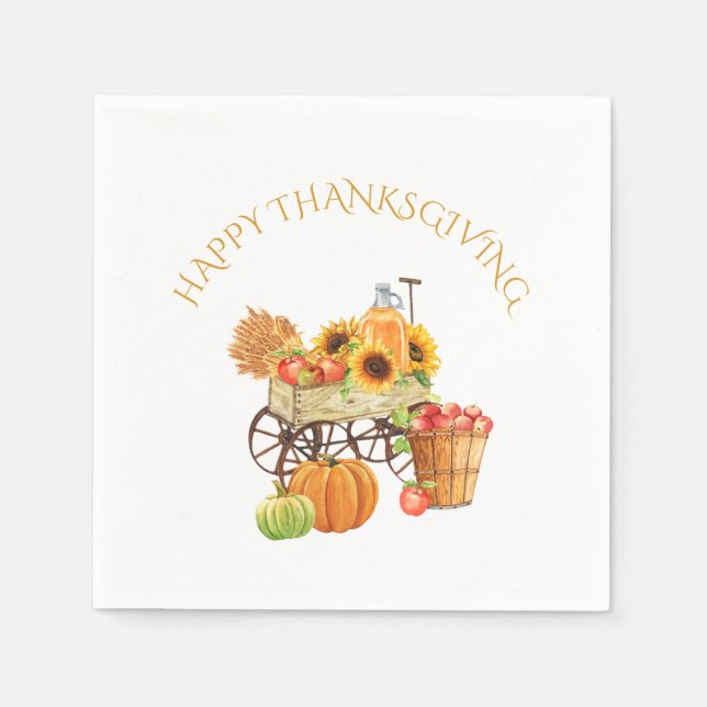 Happy Thanksgiving Harvest Flowers and Produce Napkin (Front)