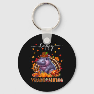 Happy Thanksgiving Hippo Costume Turkey Fall Leave Keychain