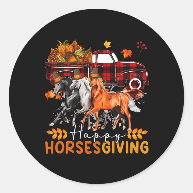 Happy Thanksgiving Horses Three Horses Farmer Pick Classic Round Sticker (Front)