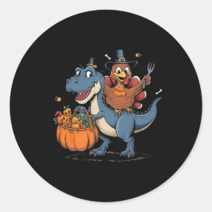 Happy Thanksgiving Kids Funny Turkey Riding T Rex  Classic Round Sticker