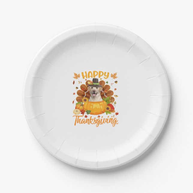 Happy Thanksgiving Labrador Dog Turkey Pumpkin Lon Paper Plate (Front)