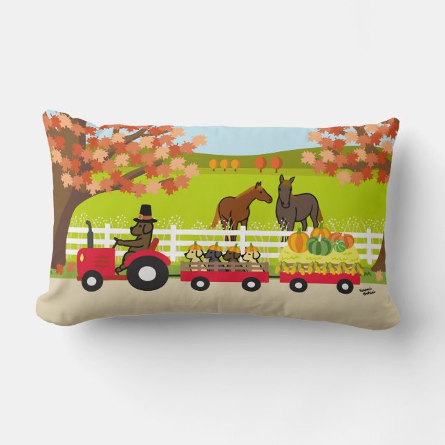 Happy Thanksgiving Labradors and Tractor Lumbar Pillow (Front)