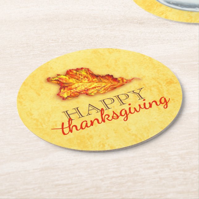 Happy thanksgiving leaf art paper coasters (Angled)