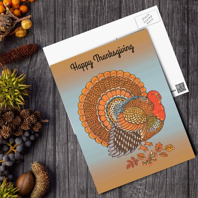  Happy Thanksgiving Male Turkey Fanned Tail Orange Postcard (Male turkey orange browns in Autumn leaves fanned tail orange blue Thanksgiving postcard.)