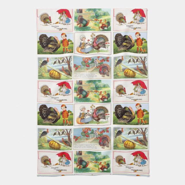 Happy Thanksgiving Medley Vintage Postcard Kitchen Towel (Vertical)