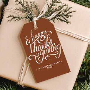 Happy Thanksgiving Modern Script Harvest Brown Gift Tags