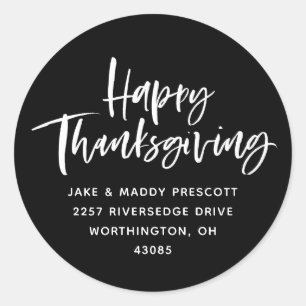 Happy Thanksgiving modern script return address Classic Round Sticker