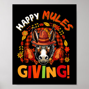 Happy Thanksgiving Mule Fall Leaves Rainbow Farmer Poster