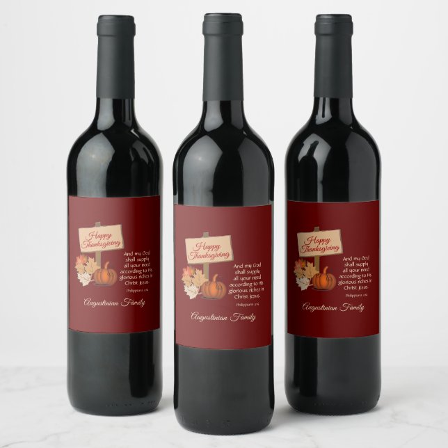 HAPPY THANKSGIVING My God Shall Supply CUSTOM Wine Label (Bottles)