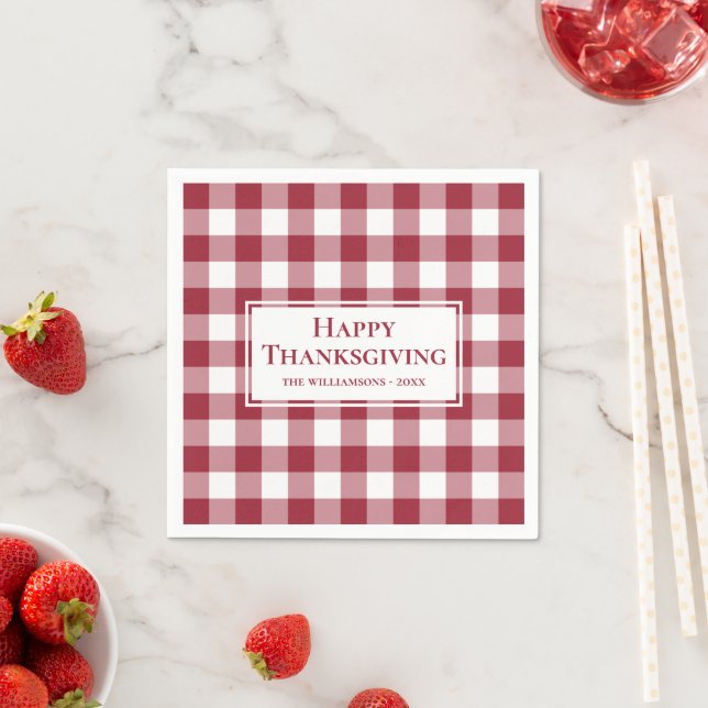 Happy Thanksgiving Name Burgundy Gingham Check Napkin (Insitu)