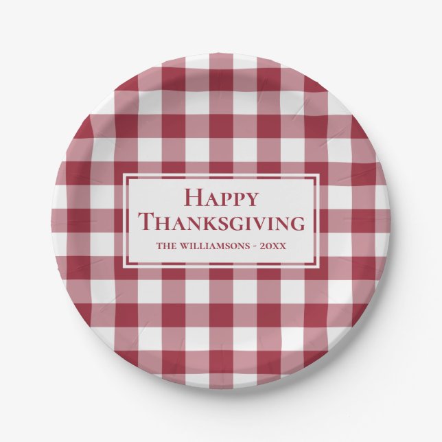 Happy Thanksgiving Name Burgundy Gingham Plaid Paper Plate (Front)