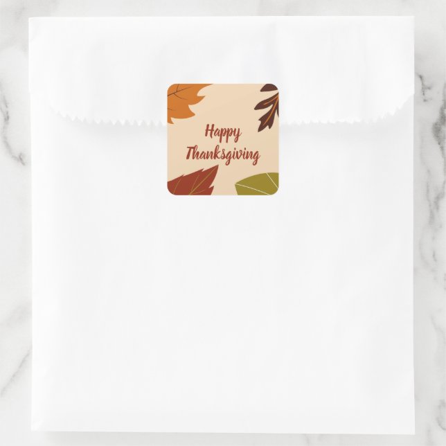 Happy Thanksgiving Orange Brown Green Fall Leaves Square Sticker (Bag)