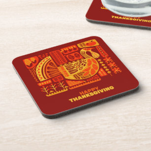 Happy Thanksgiving Orange Brown Hard with Cork Coaster