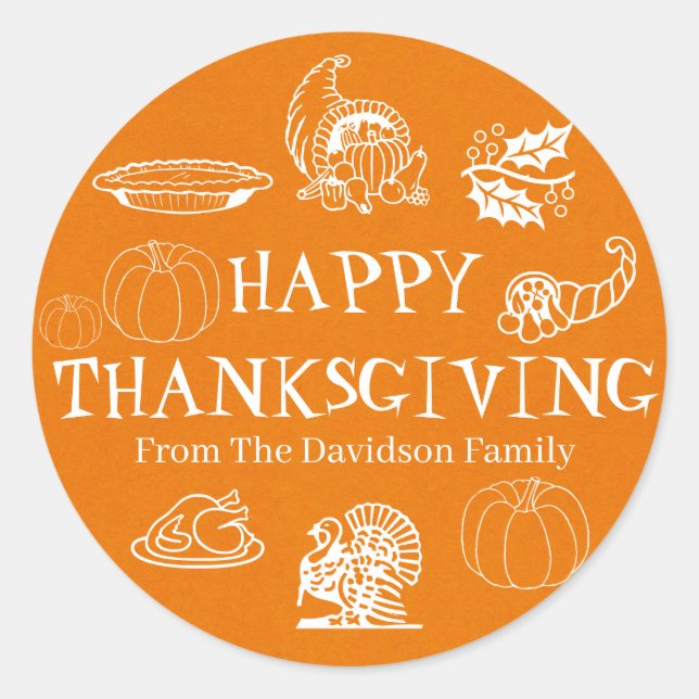 Happy Thanksgiving orange kraft custom gift favour Classic Round Sticker (Front)