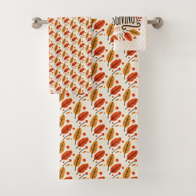  Happy Thanksgiving Orange Yellow Fall Leaves Bath Towel Set (Insitu)