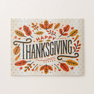 Happy Thanksgiving Orange Yellow Fall Leaves Jigsaw Puzzle