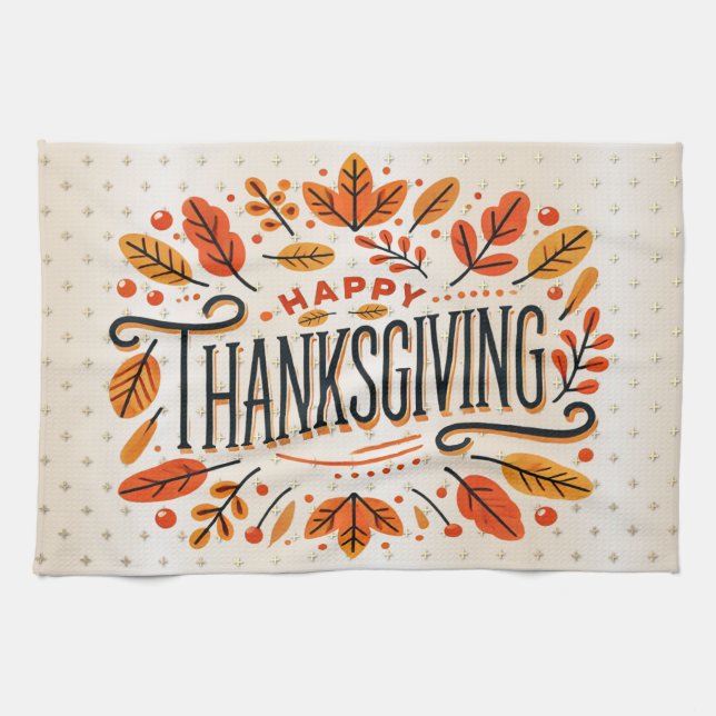 Happy Thanksgiving Orange Yellow Fall Leaves Kitchen Towel (Horizontal)
