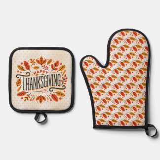 Happy Thanksgiving Orange Yellow Fall Leaves Oven Mitt & Pot Holder Set