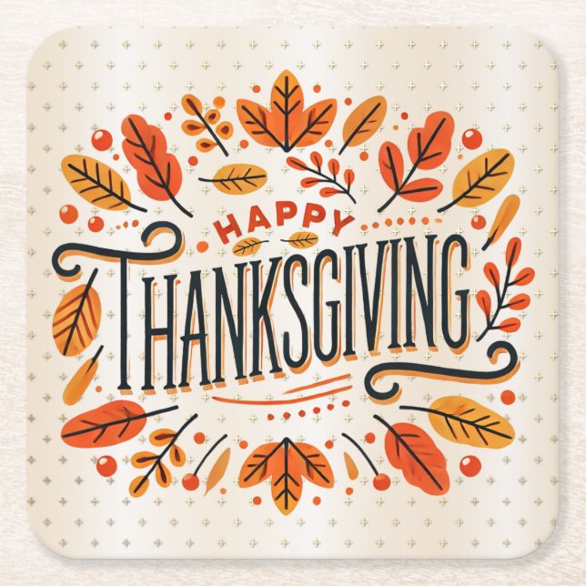  Happy Thanksgiving Orange Yellow Fall Leaves Square Paper Coaster (Front)