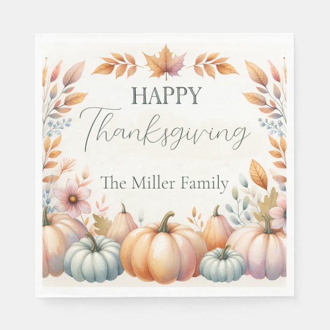Happy Thanksgiving Pastel Pumpkins, Personalized Napkin (Front)