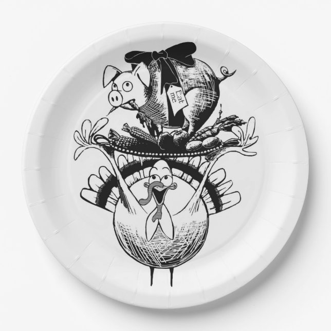Happy Thanksgiving Pig and Turkey Paper Plate (Front)