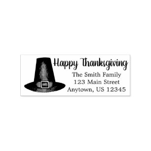 Happy Thanksgiving Pilgrim Puritan Hat Address Rubber Stamp