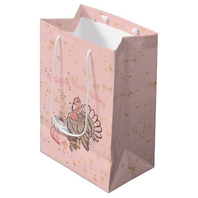 Happy Thanksgiving Pink Turkey and Pumpkins Medium Gift Bag (Front Angled)
