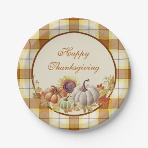 Happy Thanksgiving plaid and pumpkins Paper Plate