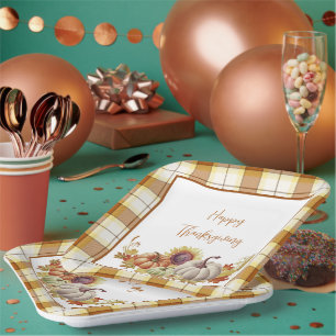 Happy Thanksgiving plaid and pumpkins Paper Plates