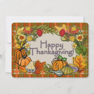 Happy Thanksgiving Plaid Pumpkins Squash Marigolds