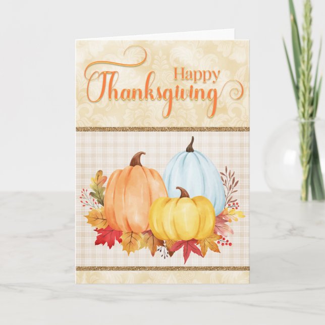 Happy Thanksgiving Pretty Watercolor Pumpkins Card (Front)