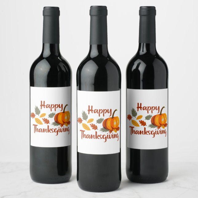 Happy Thanksgiving Pumpkin Autumn Leaves Flat Wine Label (Bottles)