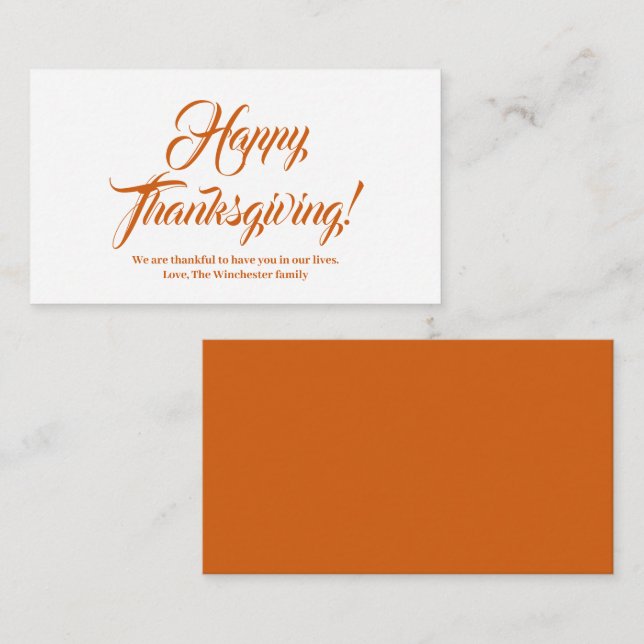 Happy Thanksgiving pumpkin custom script elegant Enclosure Card (Front/Back)